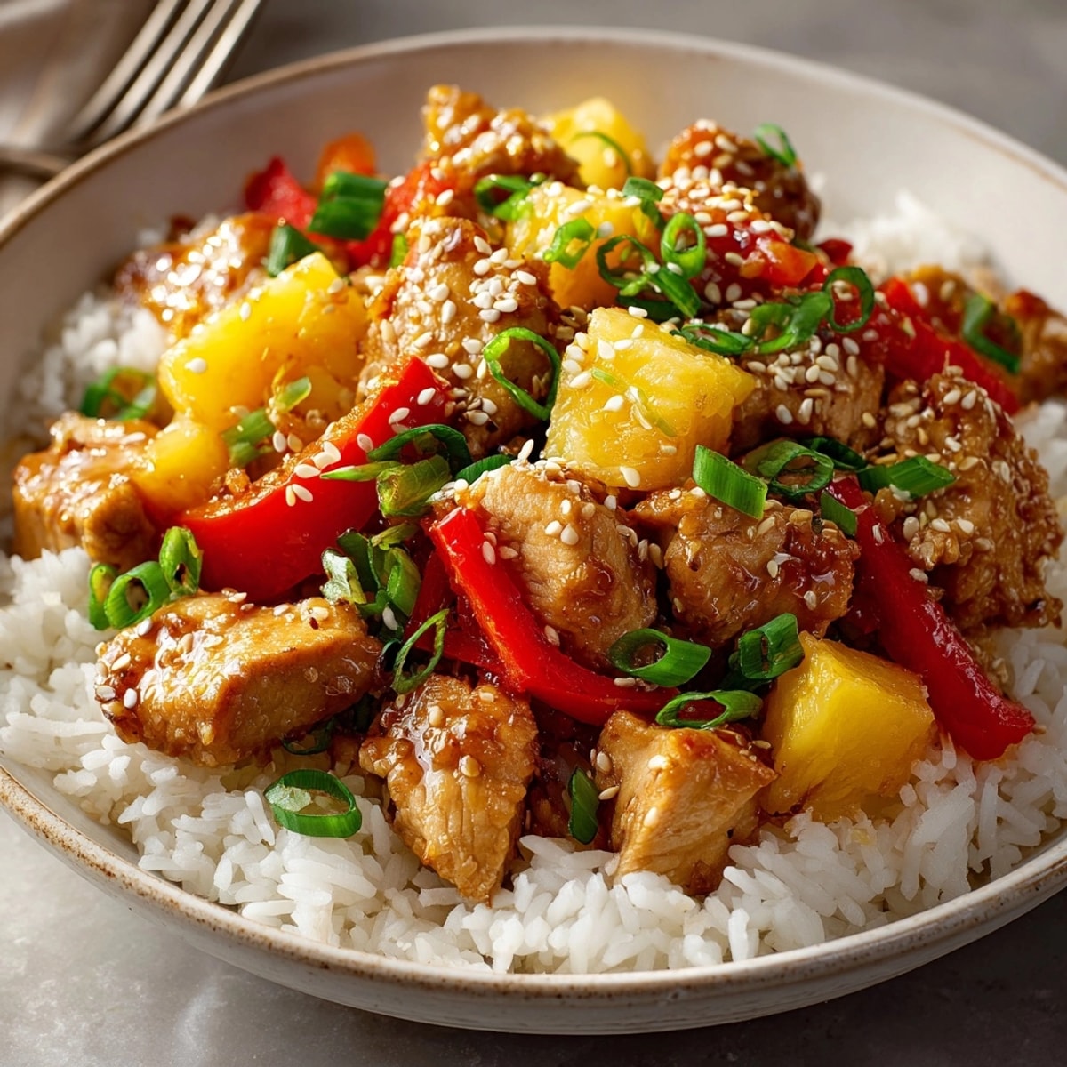 Pineapple Chicken and Rice served over fluffy jasmine rice with colorful bell peppers glistening.