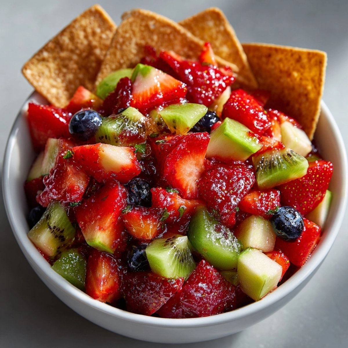 Colorful fruit salsa with cinnamon sugar tortilla chips served on a white platter, ready for dipping.