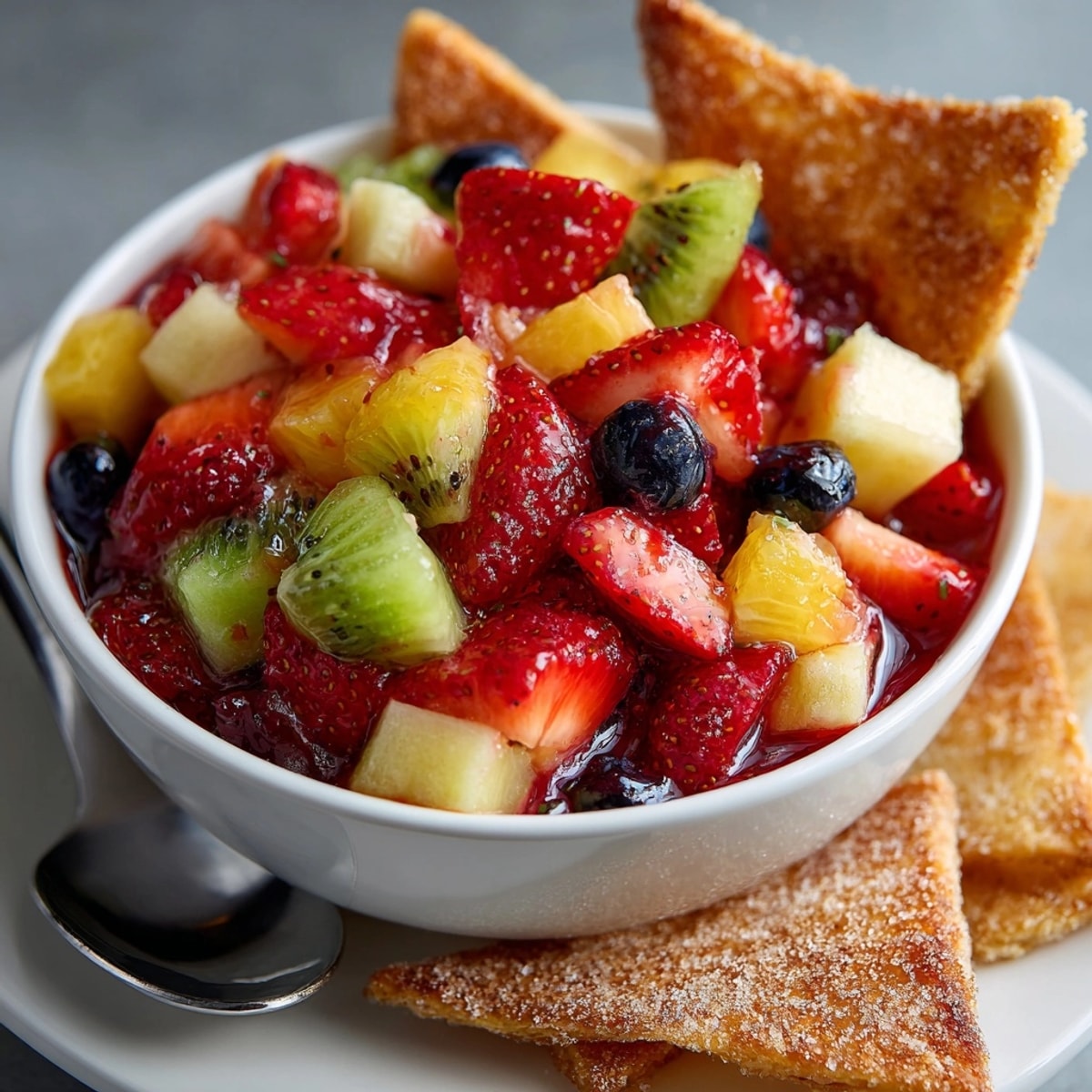 Fresh fruit salsa and golden cinnamon sugar tortilla chips arranged for a sweet summer appetizer snack.