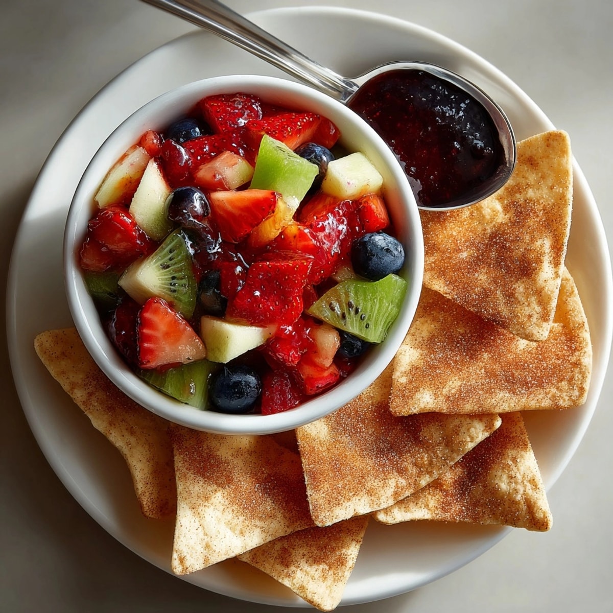 Bowl of vibrant fruit salsa surrounded by crisp, homemade cinnamon sugar tortilla chips for dessert.