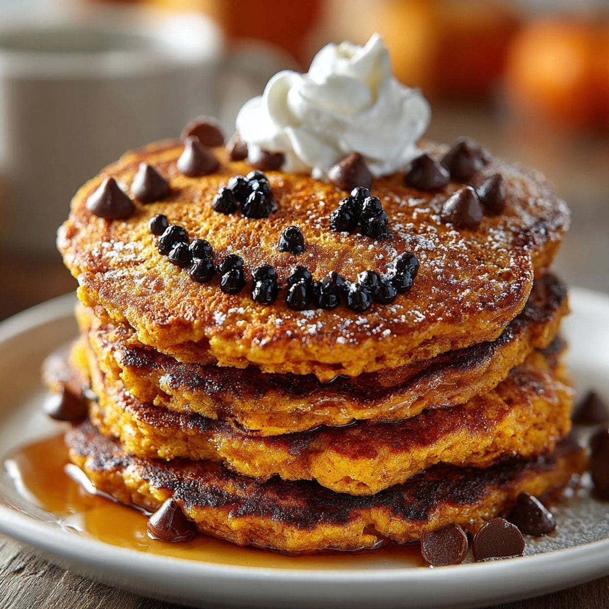 Golden gluten-free pumpkin pancakes, light and fluffy, decorated as festive Jack-o'-Lanterns with chocolate chips.