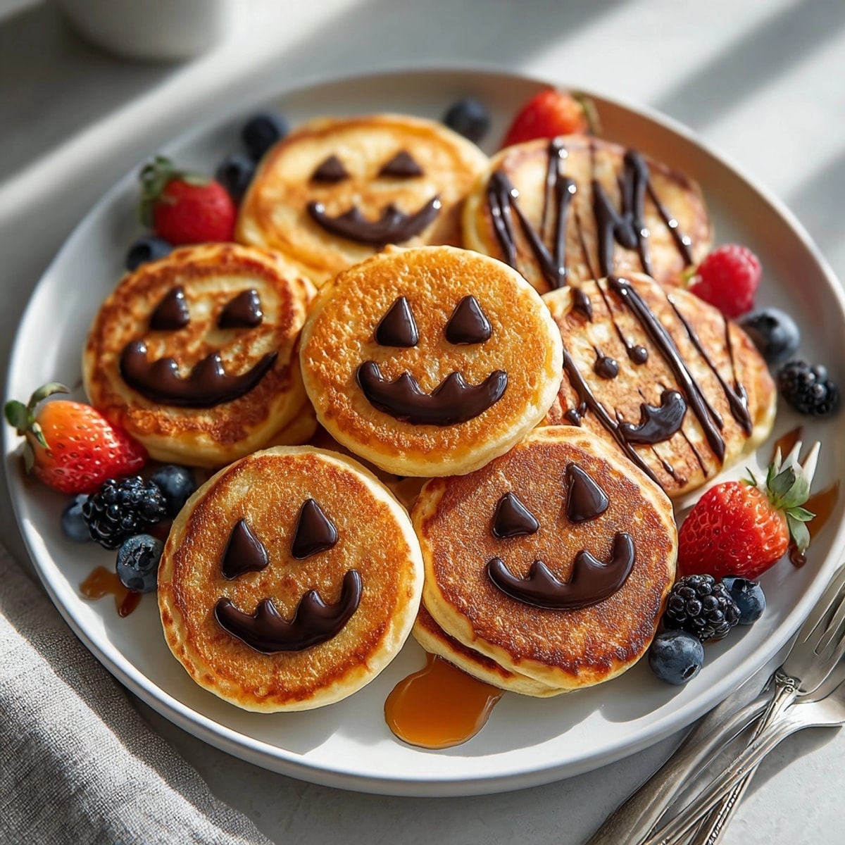 Close-up shows delightful gluten-free pumpkin pancakes decorated with chocolate faces, a festive autumn treat.