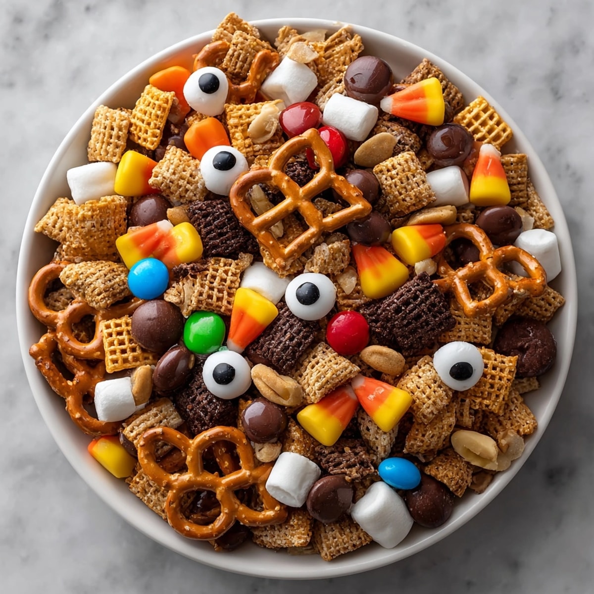 Close-up view of festive Monster Mash Snack Mix, a crunchy and sweet Halloween treat.