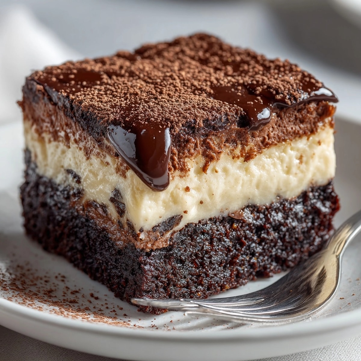 Overhead shot of rich, dark Black Magic Gooey Cake, edges set but center wobbly.