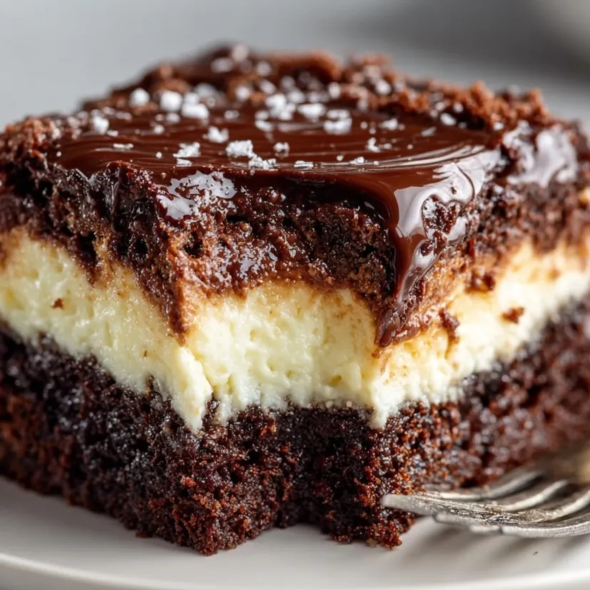 Slice of Black Magic Gooey Cake showing layers; moist cake, fluffy topping, cocoa dusting.