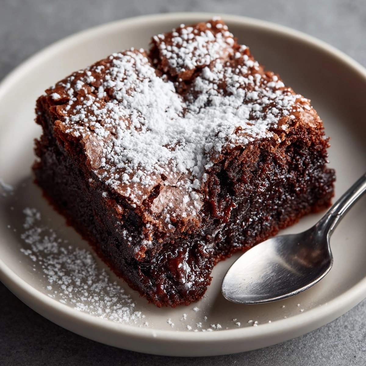 Warm slice of decadent Black Magic Gooey Cake served with a scoop of vanilla ice cream.