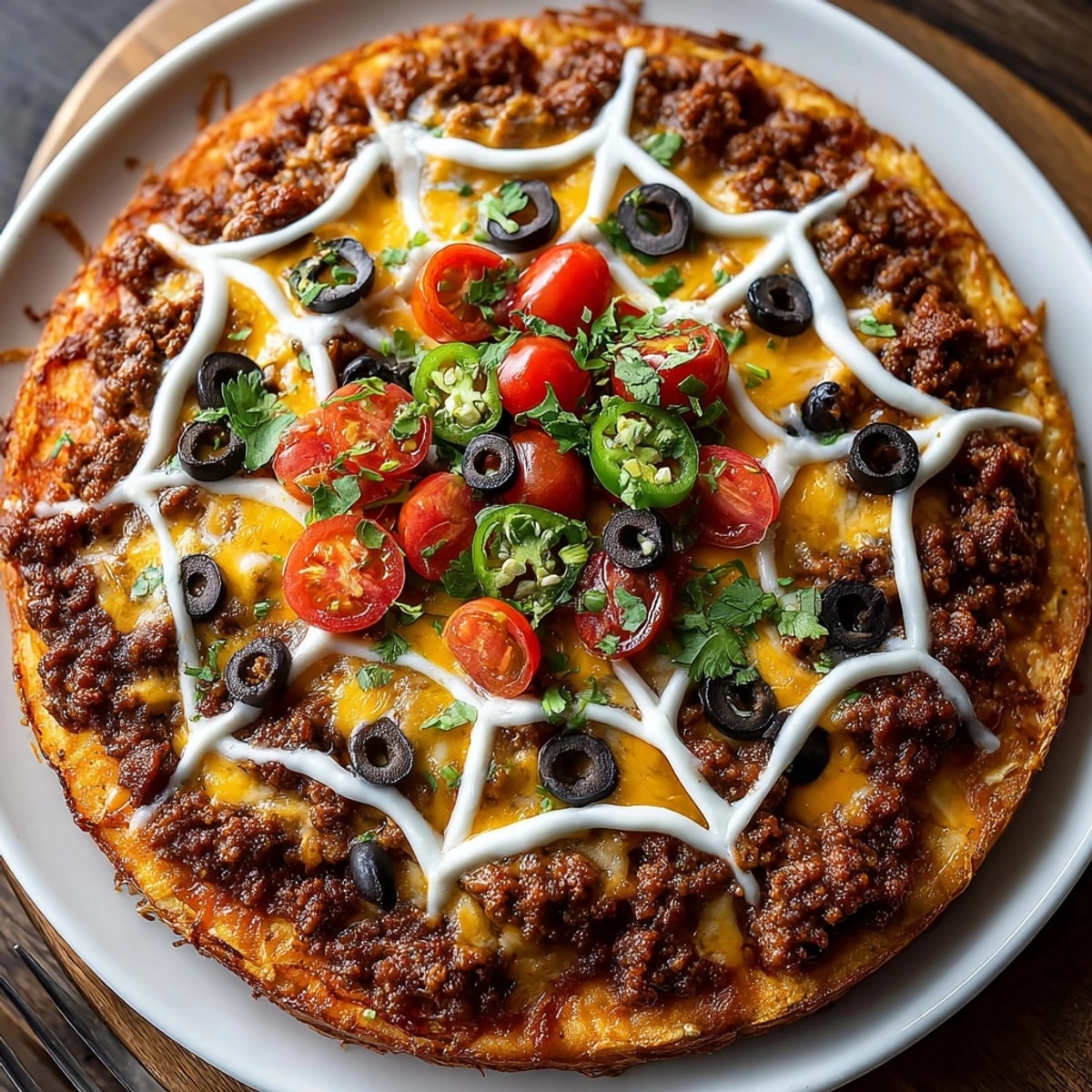 Festive Spiderweb Taco Pizza with melted cheese, black beans, and piped sour cream.
