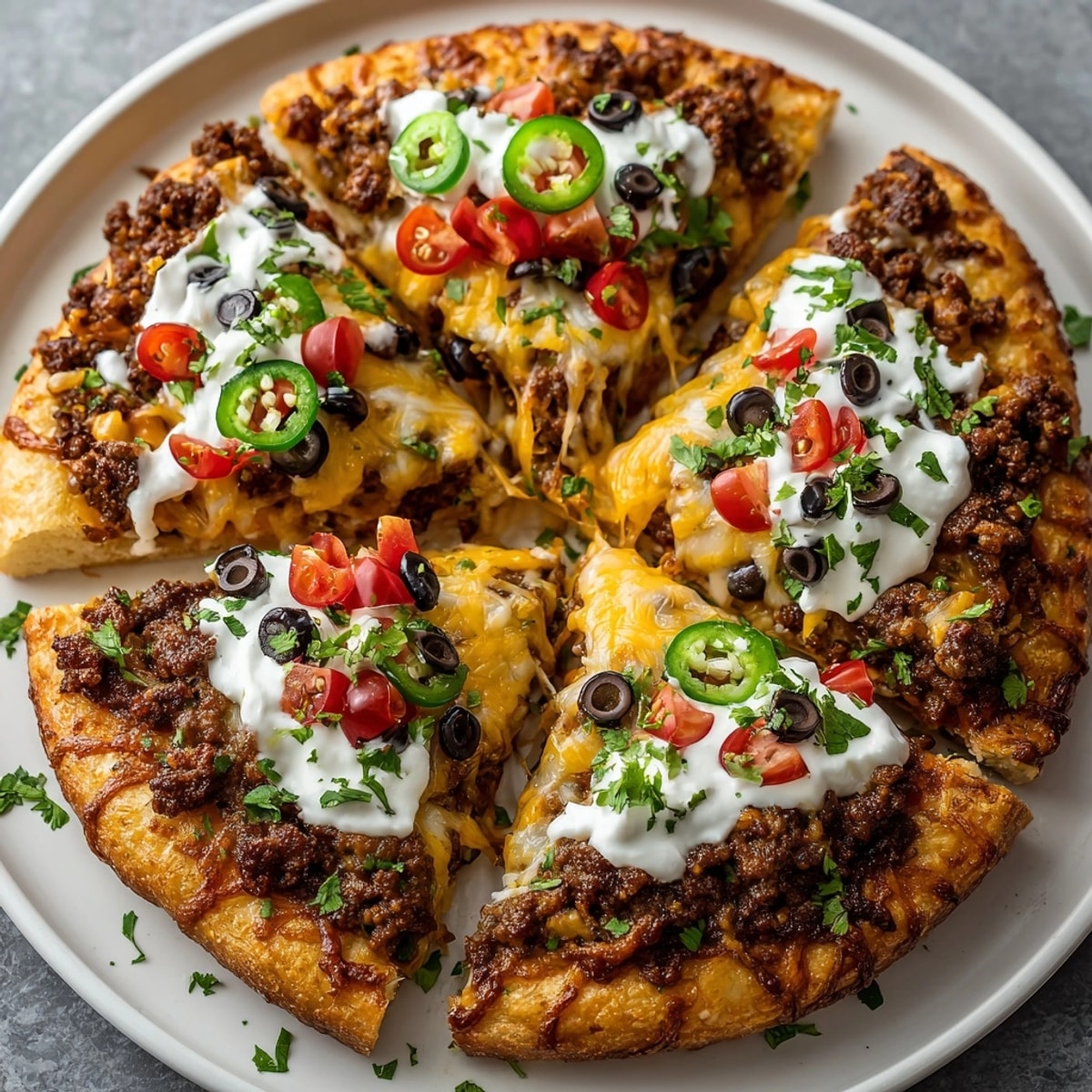 Delicious Spiderweb Taco Pizza topped with a creamy sour cream spiderweb design.