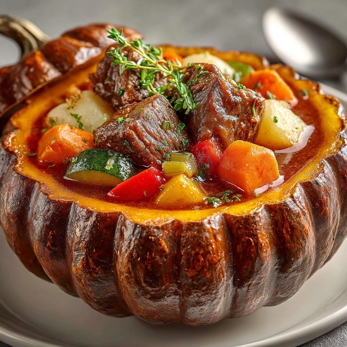 Jack-o'-Lantern Beef Stew simmering in a roasted pumpkin; the savory aroma fills the air.