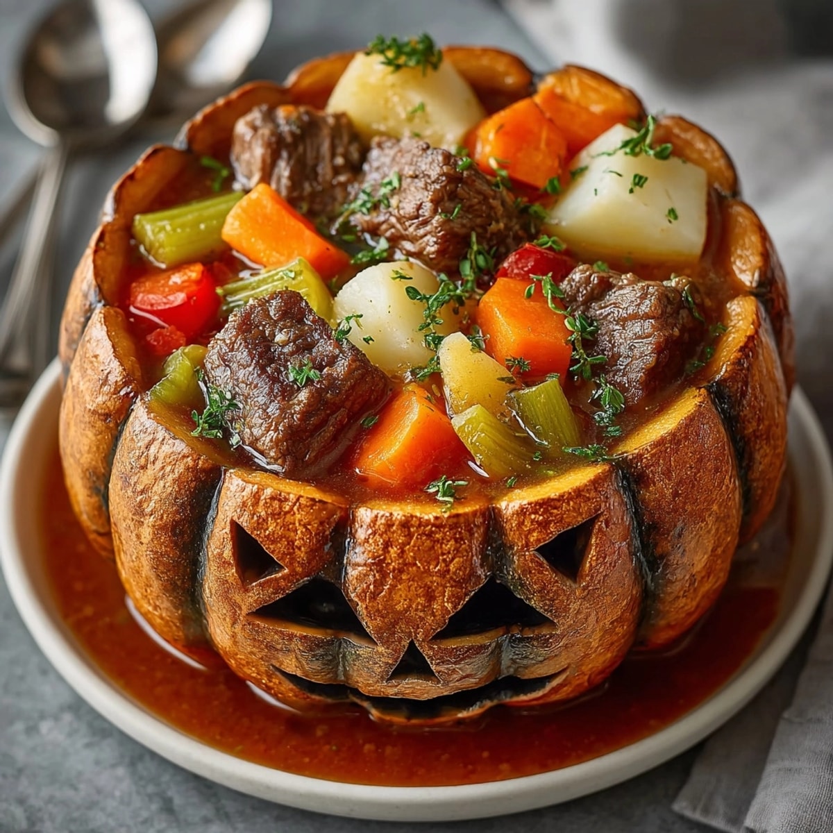 Enjoy delicious Jack-o'-Lantern Beef Stew, slow-cooked with vegetables in a carved pumpkin shell.