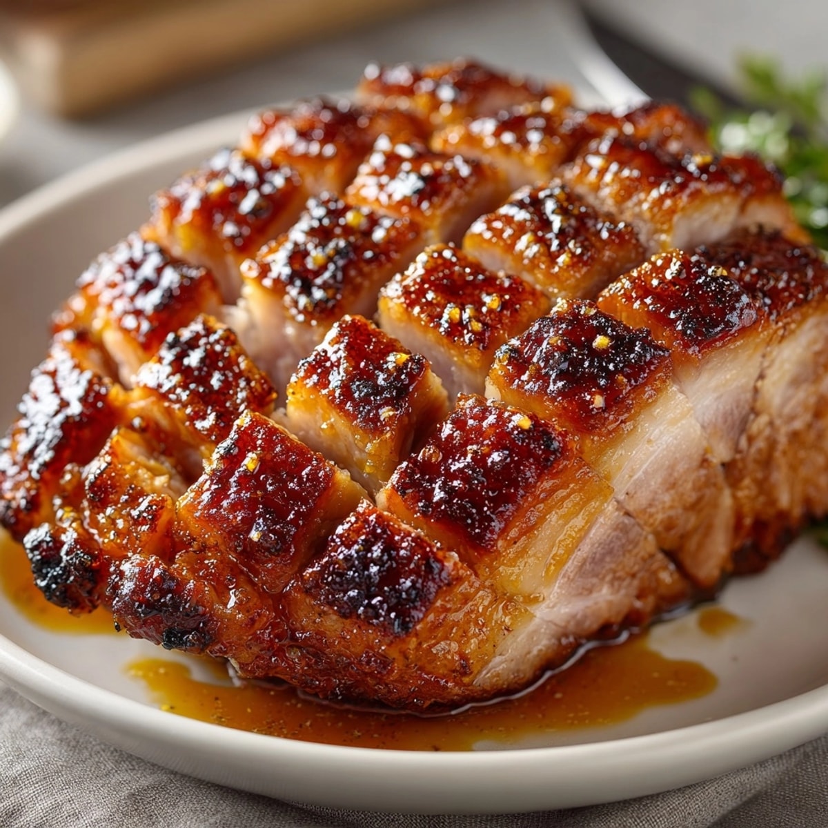 Close-up of a glistening, caramelized Maple Bourbon Glazed Ham fresh out of the oven.