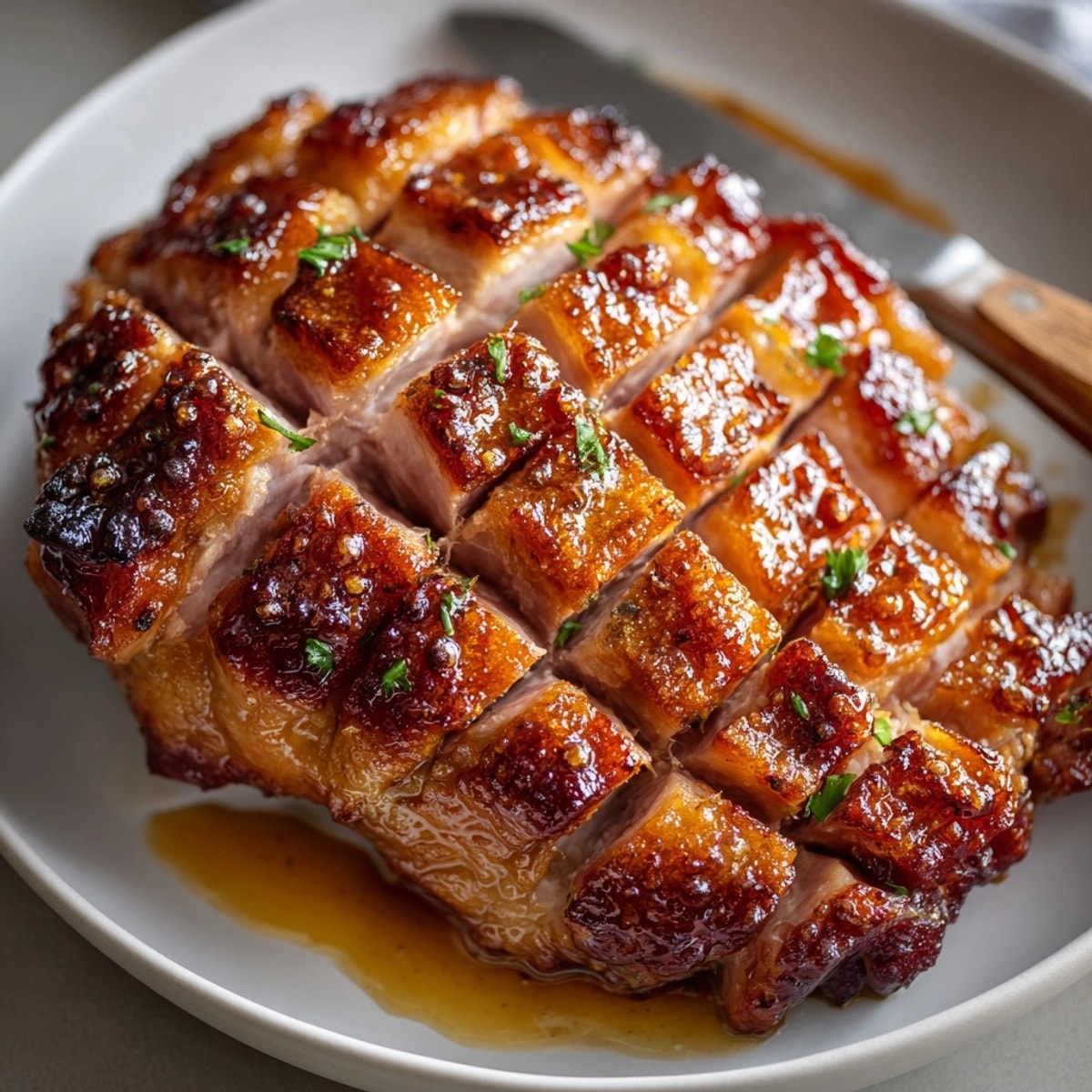 Deliciously baked Maple Bourbon Glazed Ham, carved and ready to serve for a holiday feast.