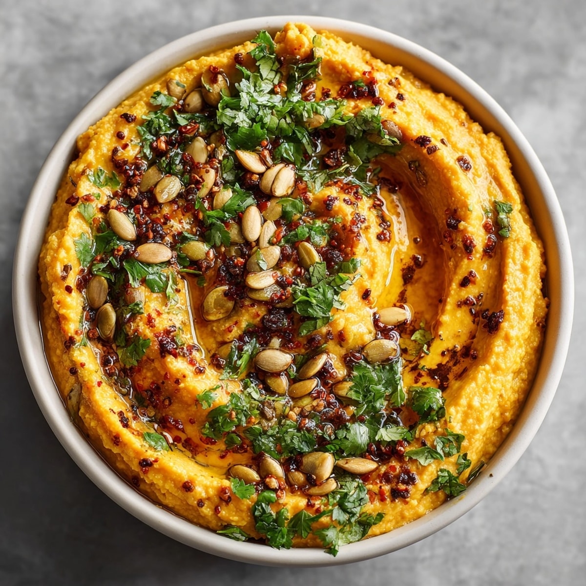 Creamy Chai-Spiced Butternut Squash Hummus: Vibrant orange dip ready for pita and veggie sticks.