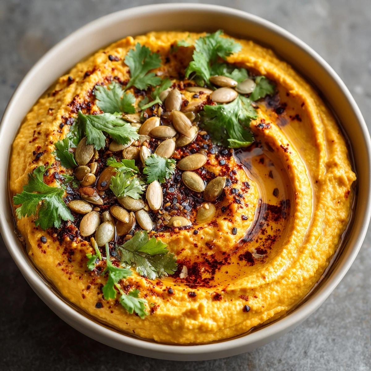 Enjoy the warm, spiced aroma of Chai-Spiced Butternut Squash Hummus, perfect for snacking.