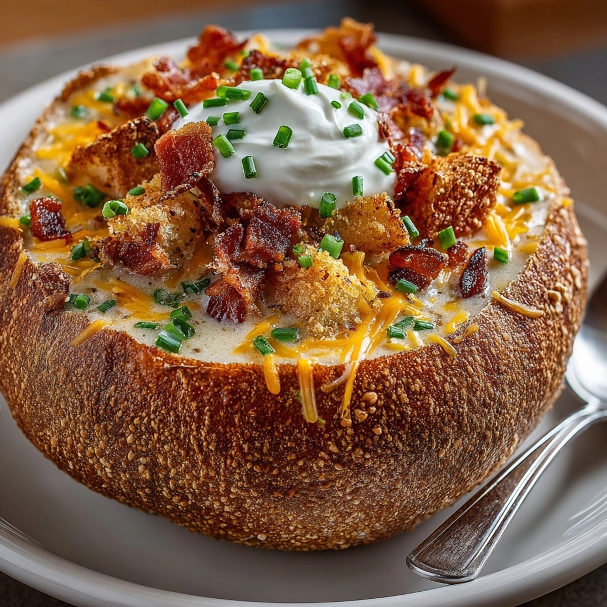 Creamy Loaded Baked Potato Soup in Bread Bowls, rich with cheese and smoky bacon.