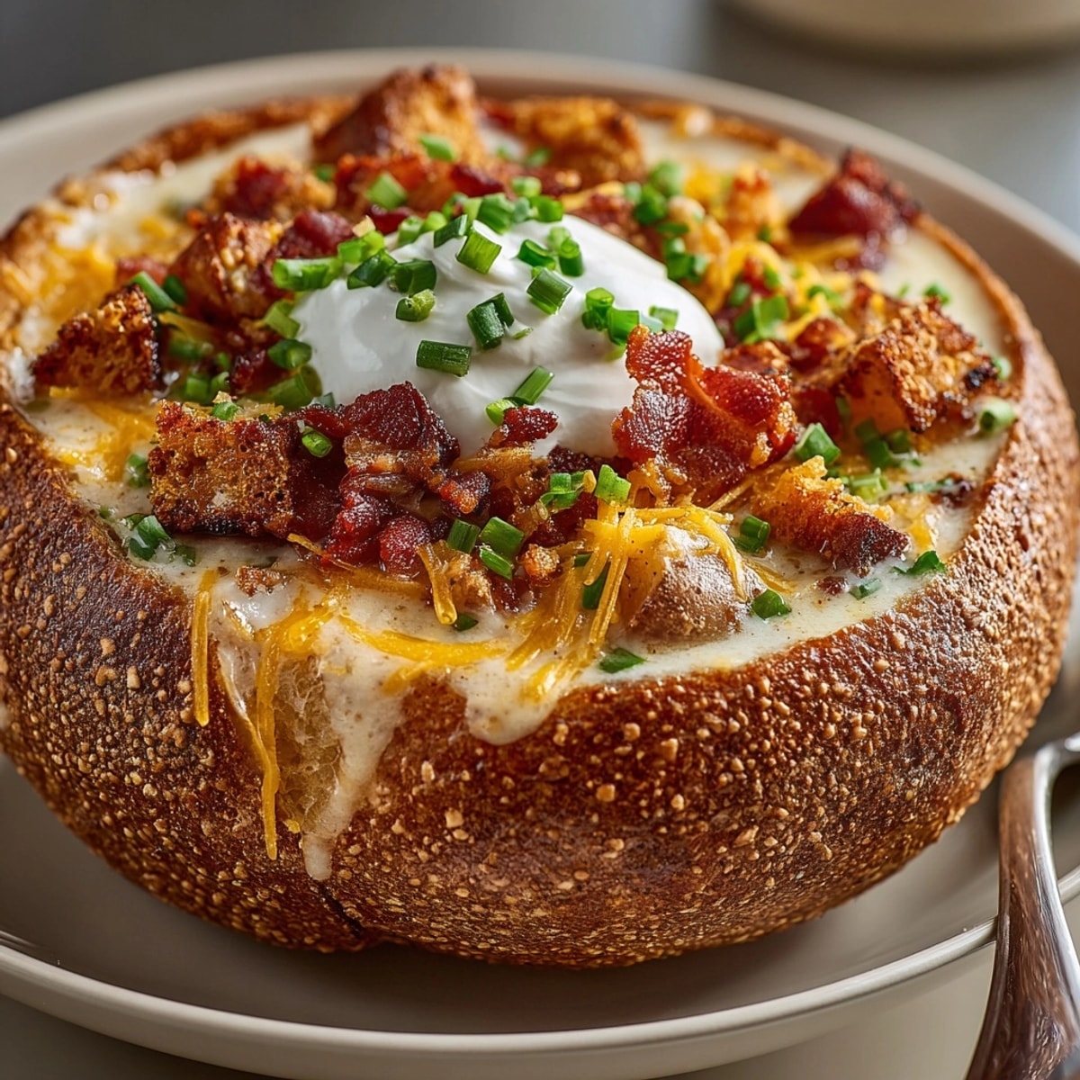 Enjoy savory Loaded Baked Potato Soup topped with cheddar chives and crisp bacon.