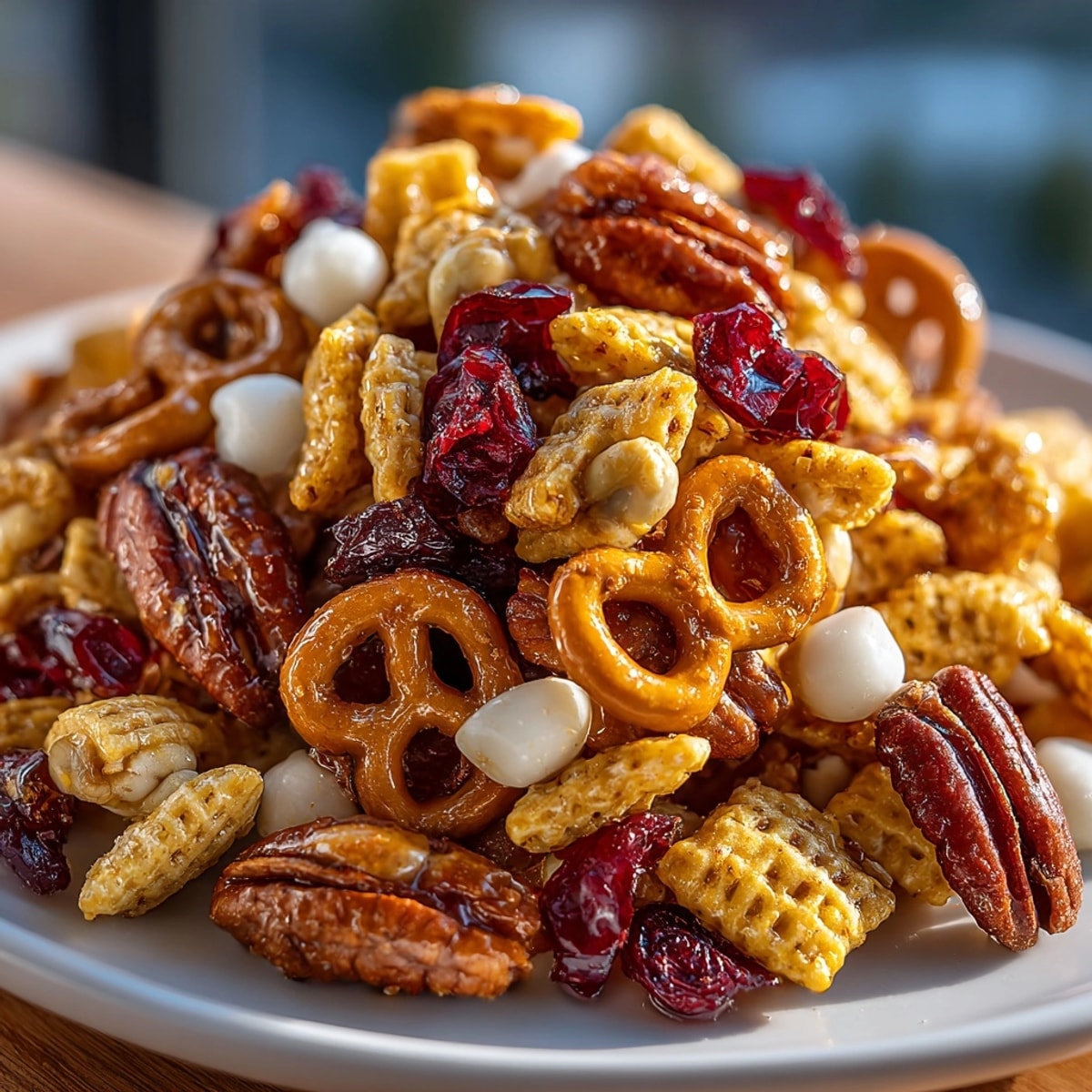 Golden-baked Pumpkin Spice Snack Mix, a crunchy autumn treat with nuts and cranberries.