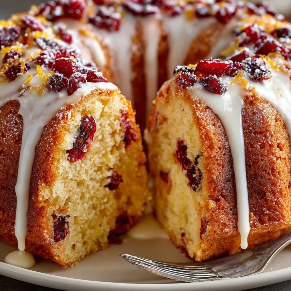 Golden Cranberry Orange Bundt Cake with a glossy glaze, speckled with citrus zest.