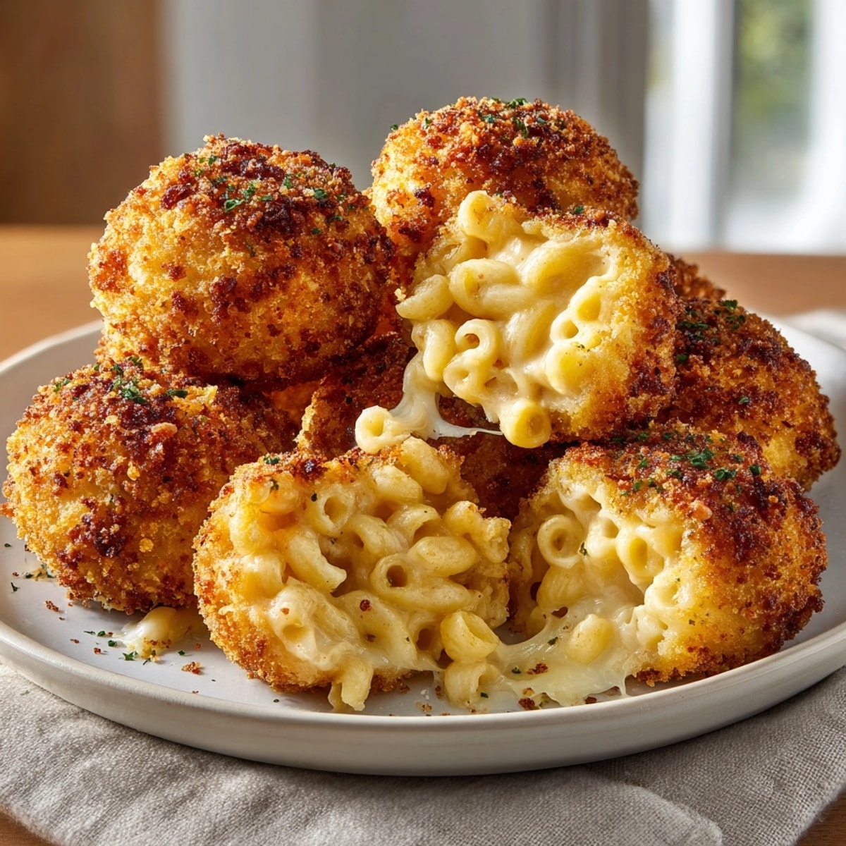 Golden fried mac & cheese balls sit ready to eat, a crispy, comforting appetizer.