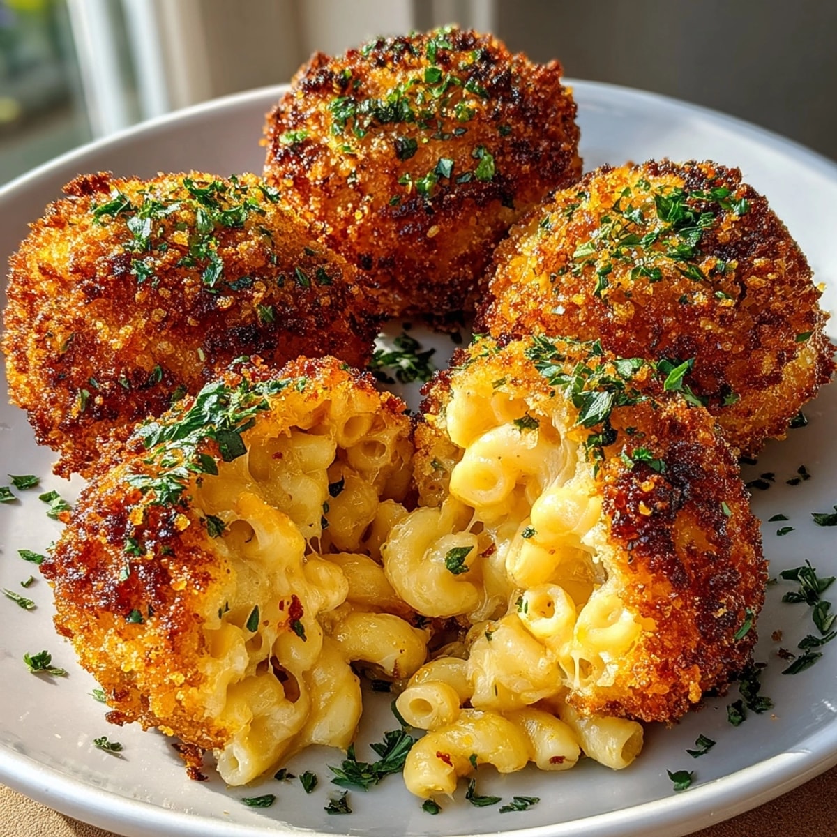 Close-up shot of crispy fried mac & cheese balls showing golden-brown breading.