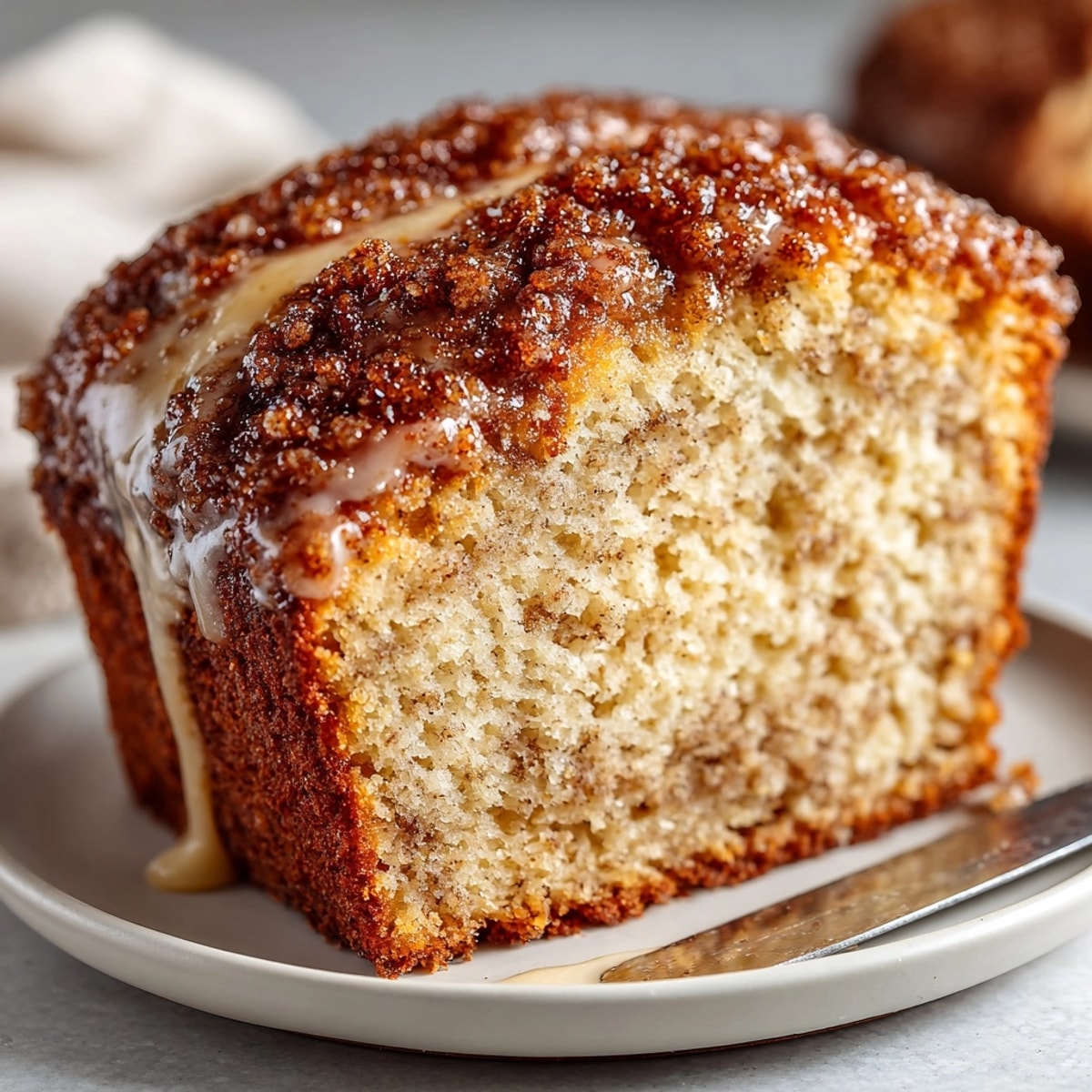 Golden Apple Cider Doughnut Bread loaf, glistening with cinnamon-sugar topping, fresh out of oven.
