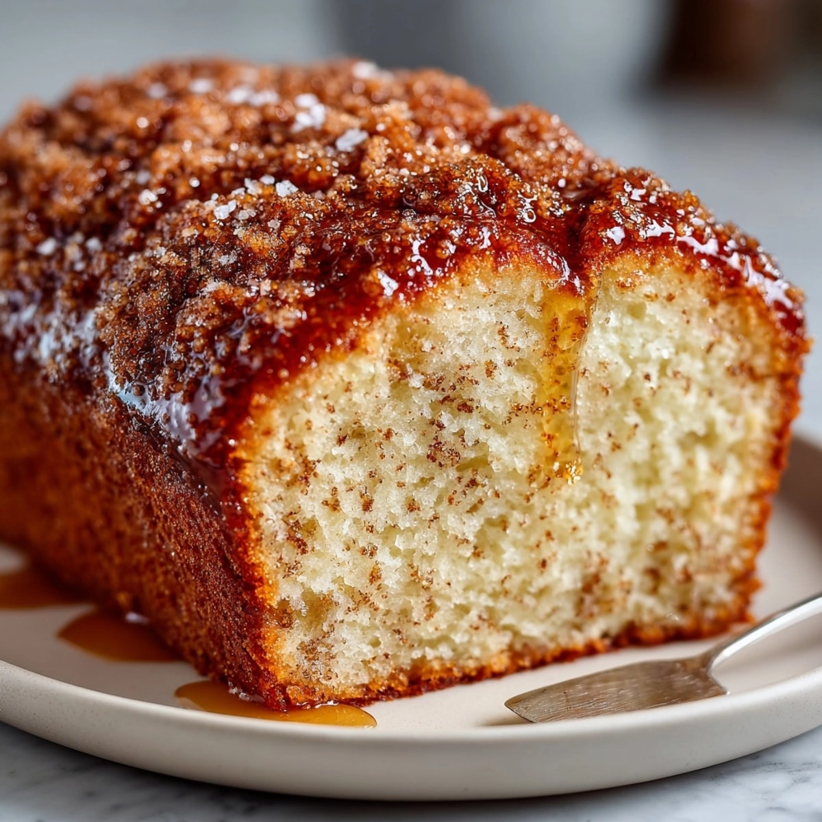 Warm slice of Apple Cider Doughnut Bread, showcasing tender crumb and spiced apple aroma.