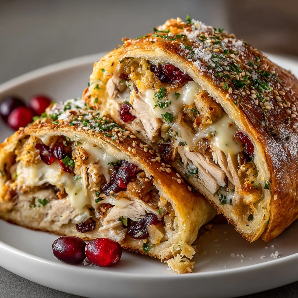 Golden Turkey & Cranberry Stuffing Stromboli: Layers of Thanksgiving flavors baked in flaky dough.