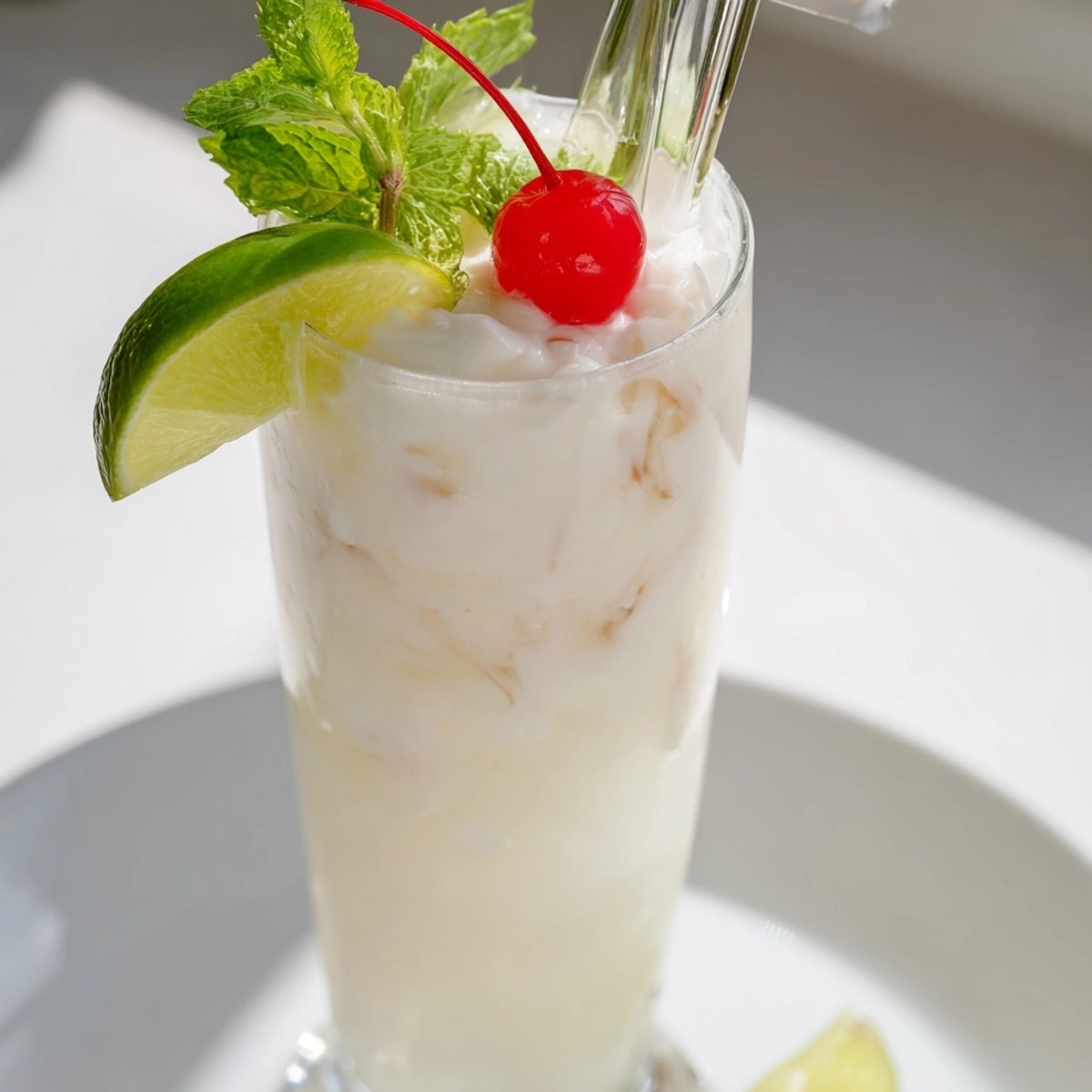 Frothy Malibu Sprite Float with melting vanilla bean ice cream, garnished for sweet fun.