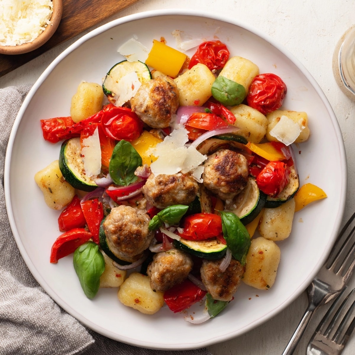 Easy weeknight Sheet Pan Gnocchi with Chicken Meatballs baked to perfection with blistered tomatoes.