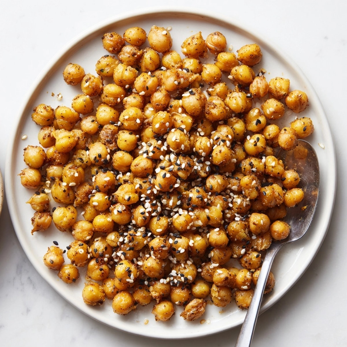 Savory, golden brown Crispy Sesame Chickpeas, fresh from the oven, cooling before serving.