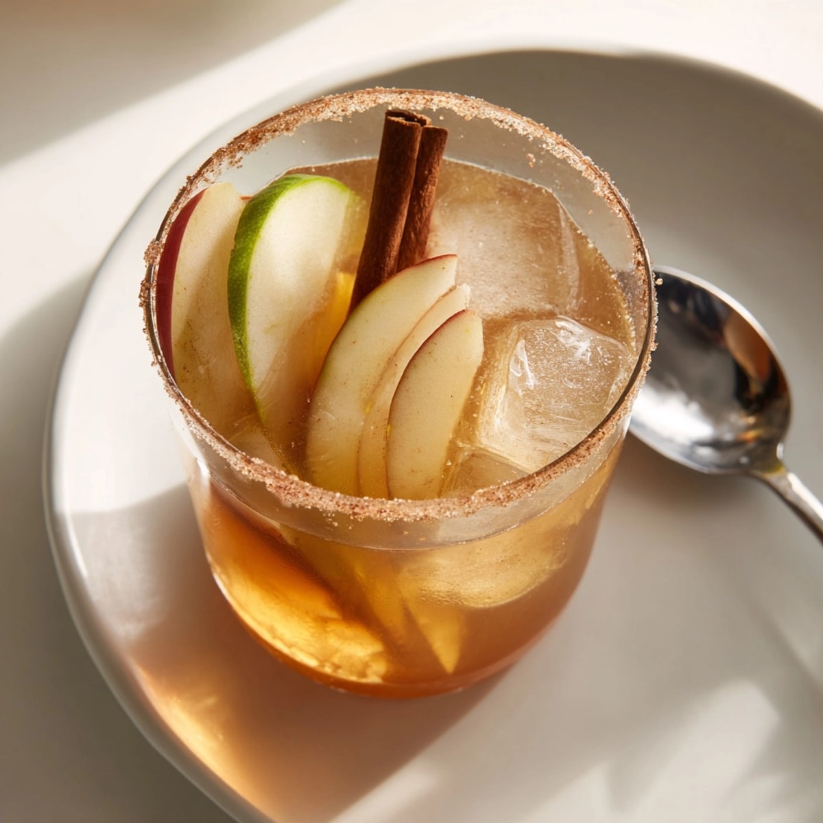 Crisp apple slice adorns a glass filled with Smoky Harvest Apple Cider Margarita.