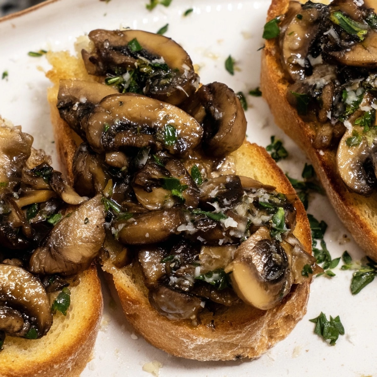 Golden Garlic Sautéed Mushroom Toast Sliders, warm and cheesy, ready as bite-sized party appetizers.