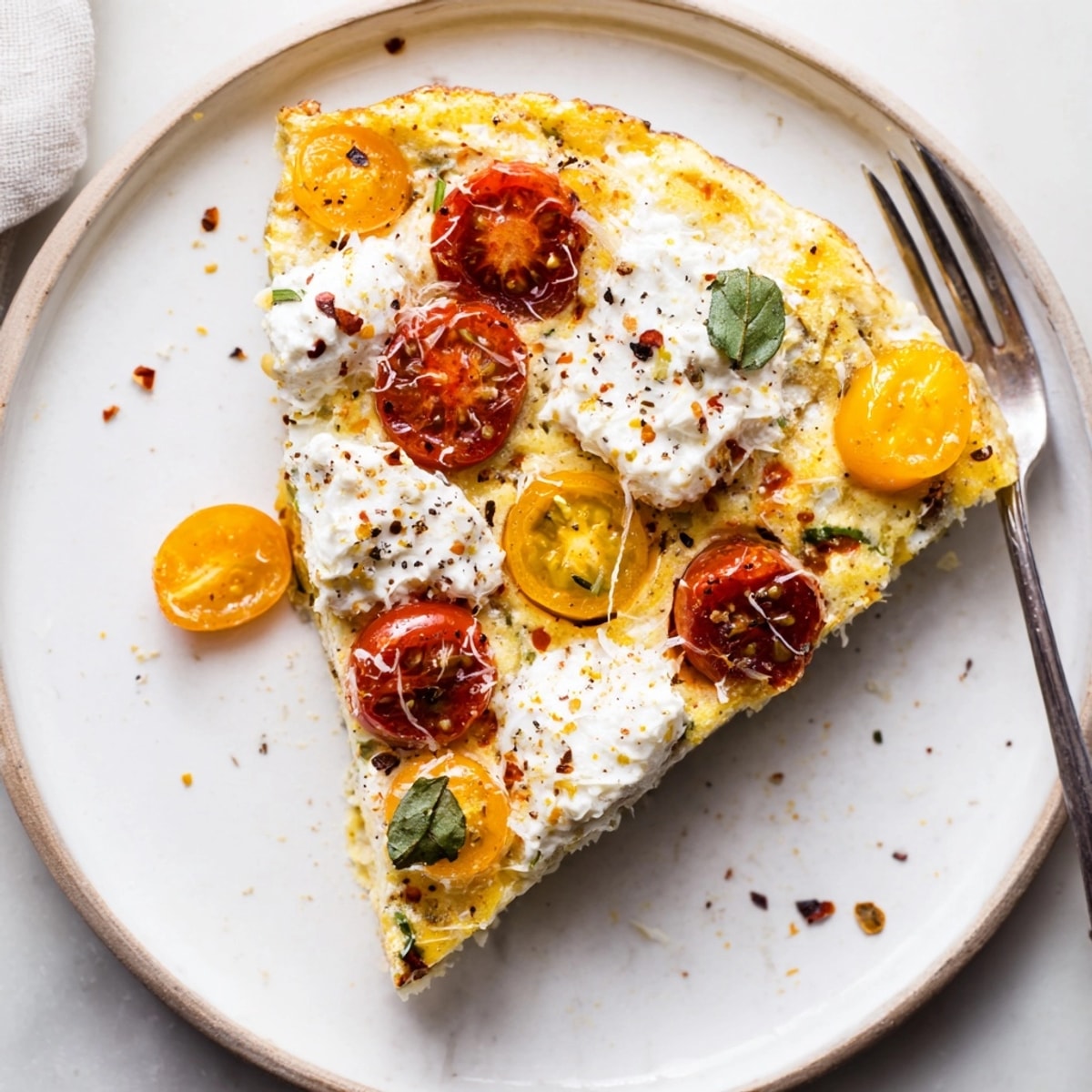 Golden Ricotta Tomato Basil Frittata in skillet, bubbly and savory, ready for brunch.