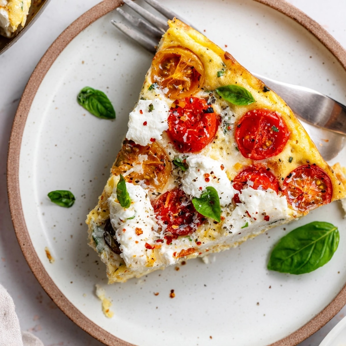 Close up of a sliced Ricotta Tomato Basil Frittata, showing creamy layers and fresh herbs.