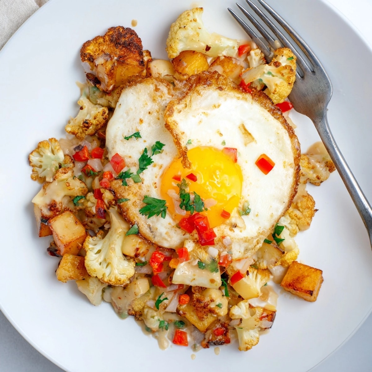 Golden Alfredo Cauliflower Breakfast Hash on platter, topped with runny eggs and fresh parsley.