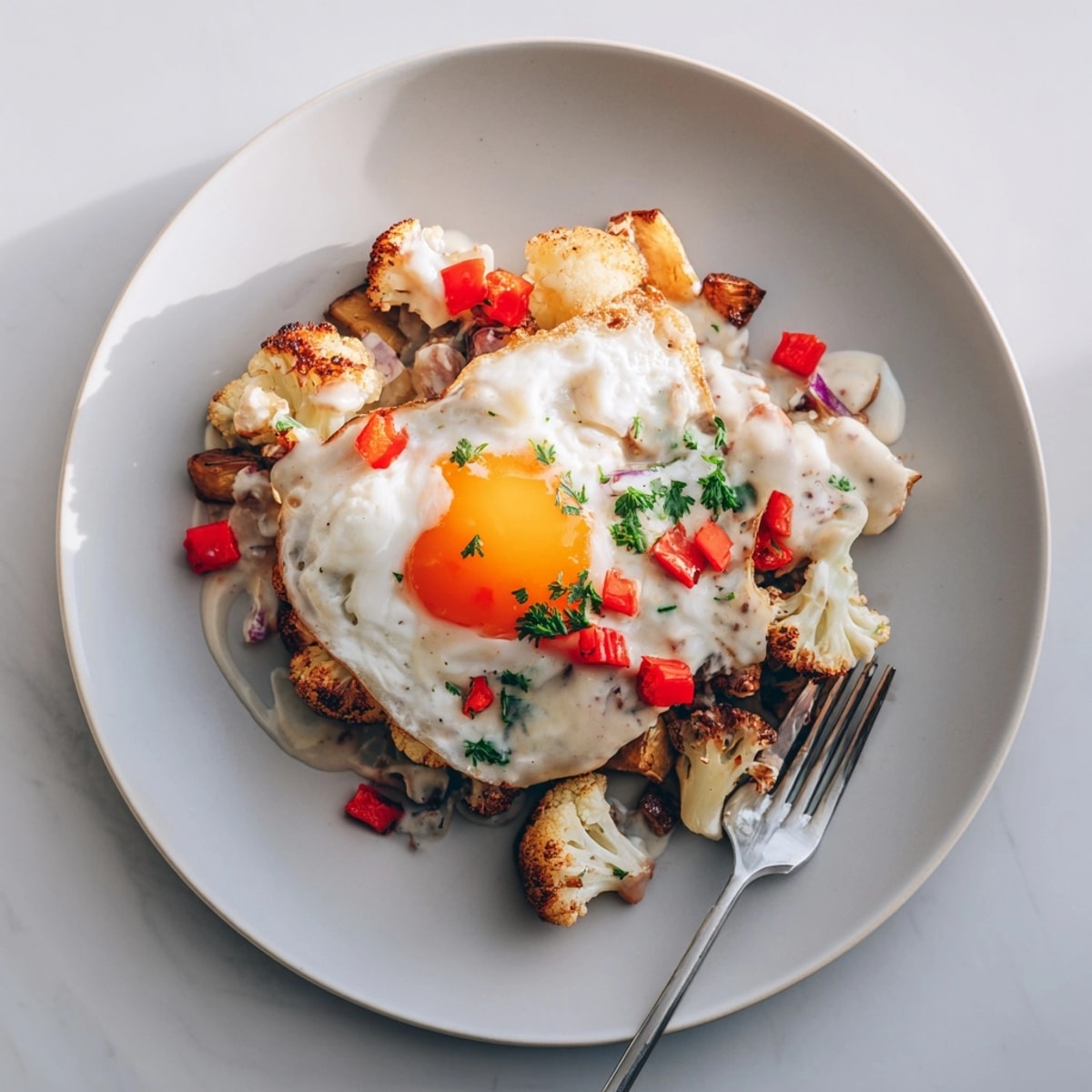 Creamy Alfredo Cauliflower Breakfast Hash with crispy roasted potatoes, peppers, and sunny-side-up eggs.