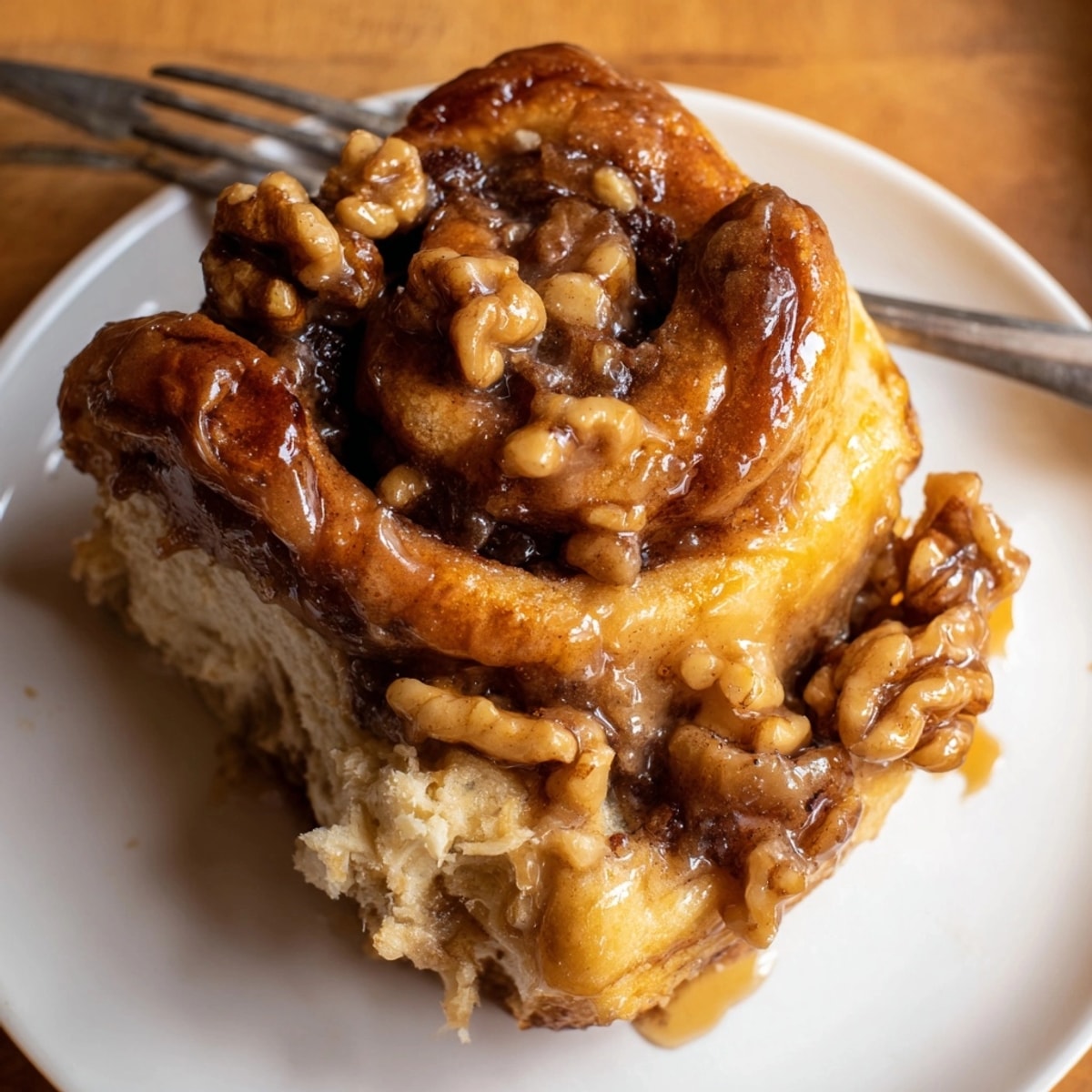 Golden Cinnamon Maple Walnut Sticky Buns, drizzled with glaze, warm and ready to eat.