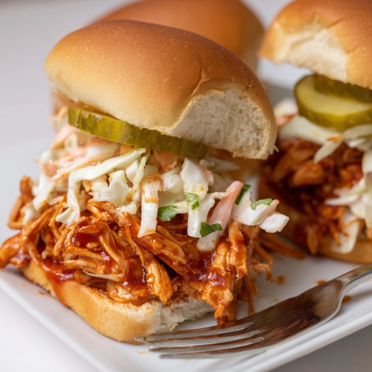 Close-up of saucy, shredded Cajun BBQ Chicken Sliders piled high, ready to eat.