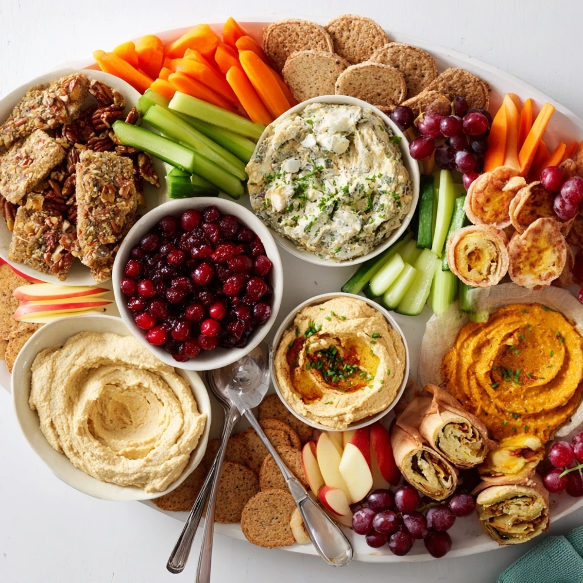 Shareable Thanksgiving dip board featuring creamy dips, fresh veggies, and toasted baguette slices.  