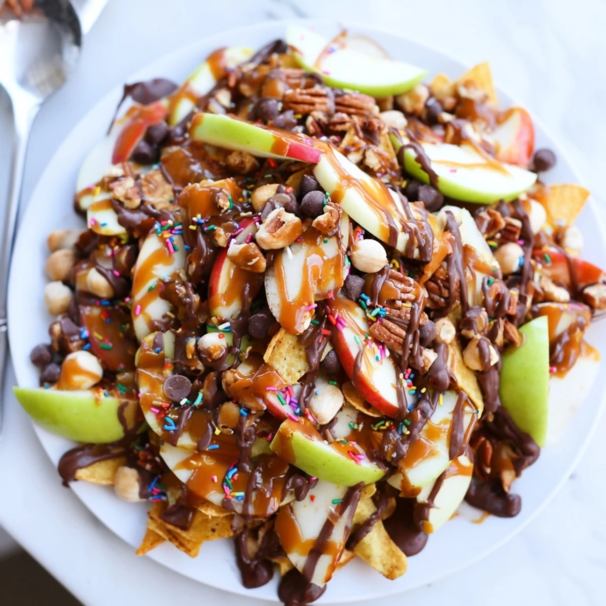 Loaded Caramel Apple Nacho Platter garnished with whipped cream and colorful toppings.  