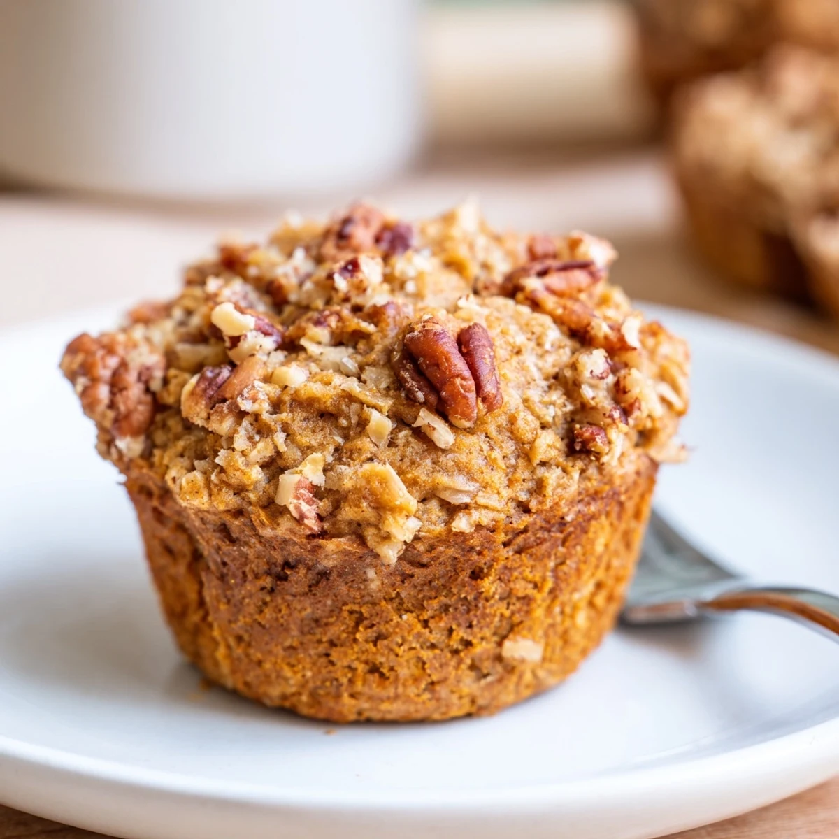 Moist pumpkin-pecan oatmeal muffins topped with crunchy pecans for a cozy breakfast.  