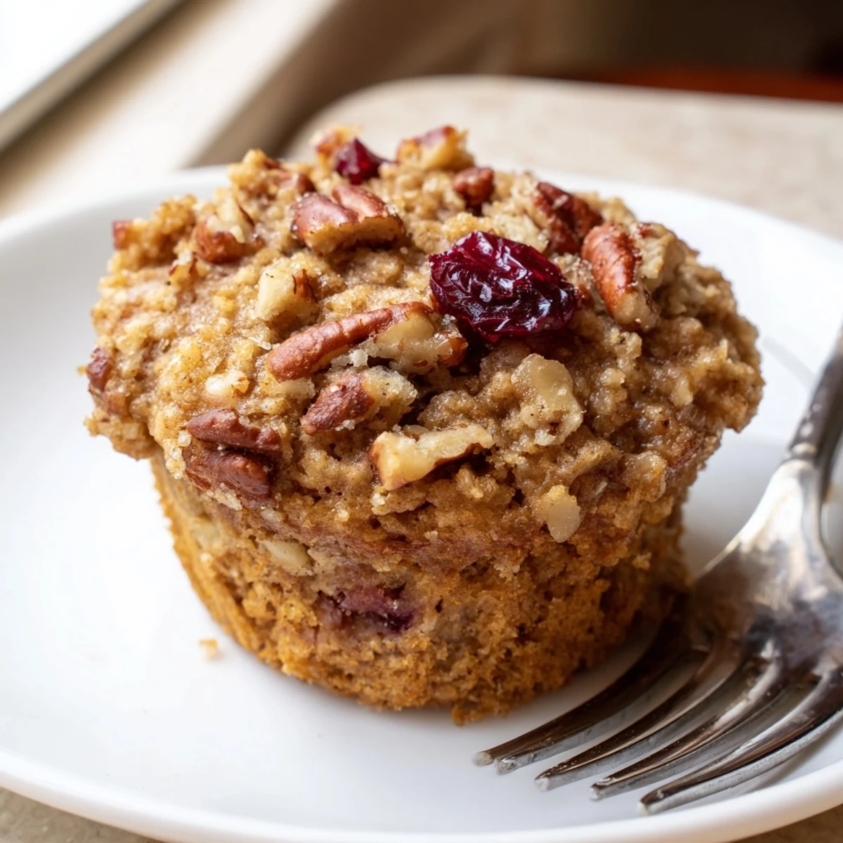 Delicious pumpkin-pecan oatmeal muffins warm from the oven, perfect for snacking.  