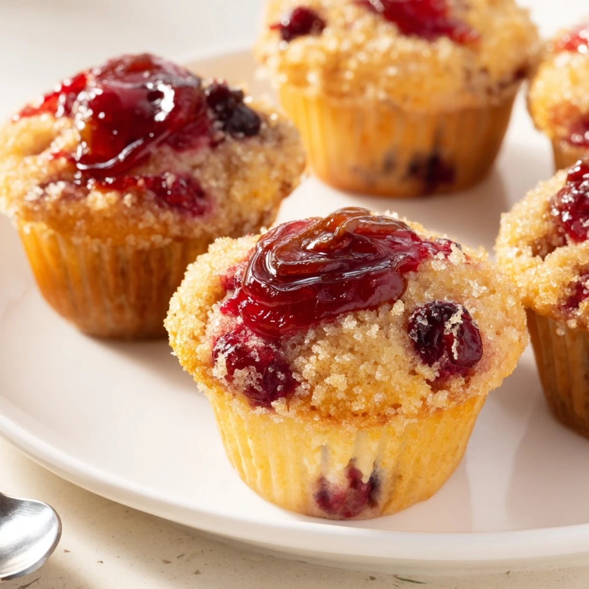 Delicious ginger cranberry jelly muffins, golden brown, and invitingly topped with sugar.