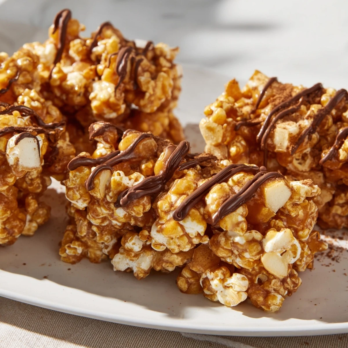Chewy Caramel Apple Popcorn Bars drizzled with chocolate for a sweet snack delight.  