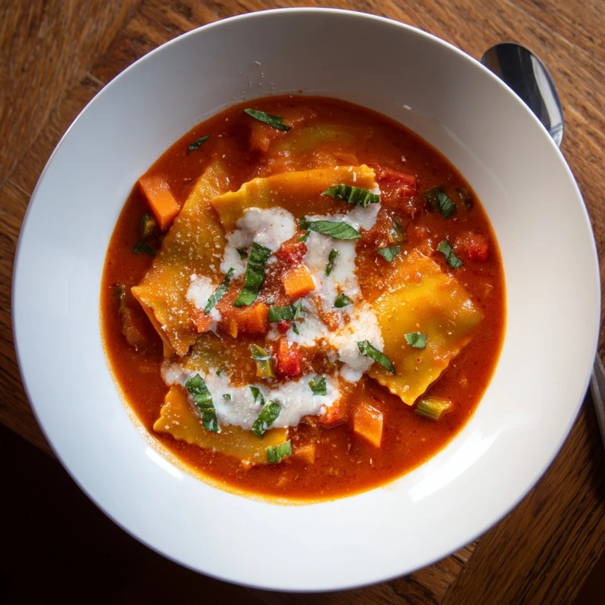 Hearty Lasagne Soup with Creamy Truffle Sauce garnished with fresh herbs and cheese.  