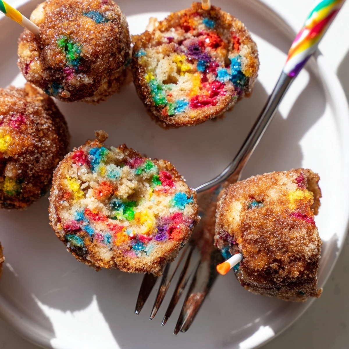 Colorful sprinkle-covered Funfetti Cinnamon Sugar Muffin Pops, perfect for festive gatherings.  