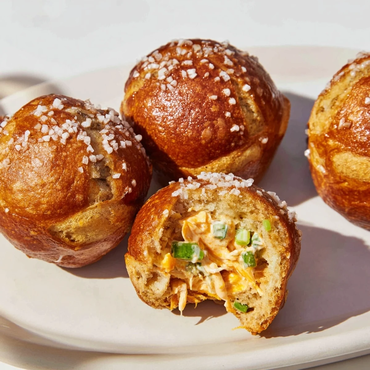 Savory Buffalo Ranch Pretzel Muffin Balls with a golden-brown crust, perfect for snacking.  