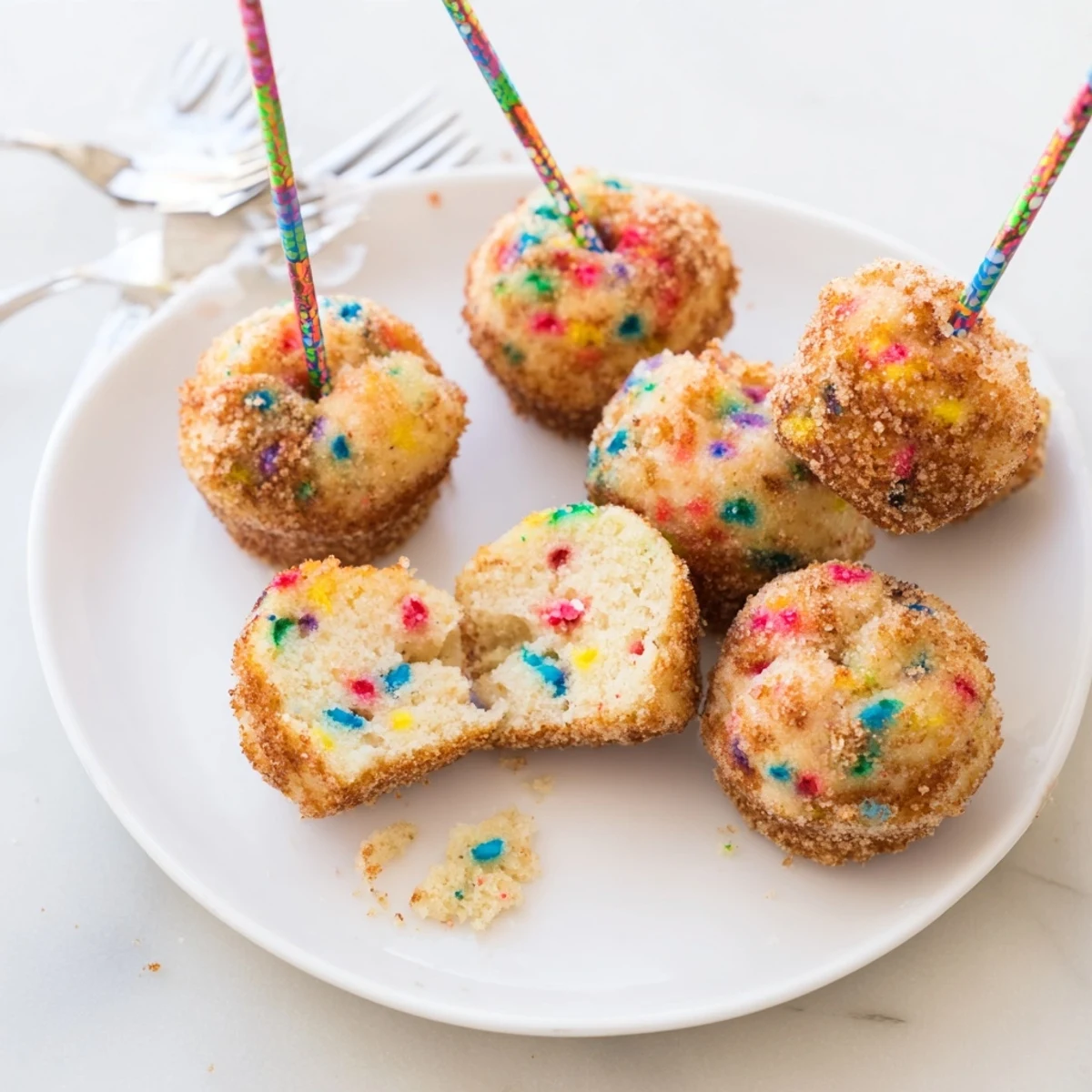 Whimsical Funfetti Cinnamon Sugar Muffin Pops drizzled with sweet butter and colorful sprinkles.  