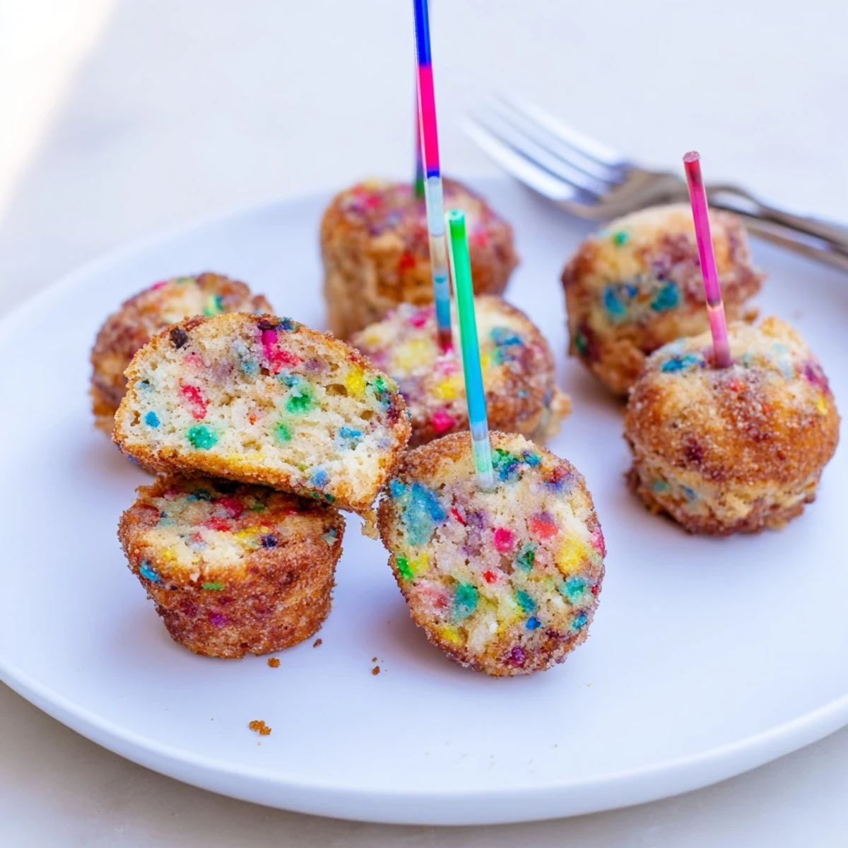 Delicious Funfetti Cinnamon Sugar Muffin Pops served warm, perfect for a festive breakfast.  