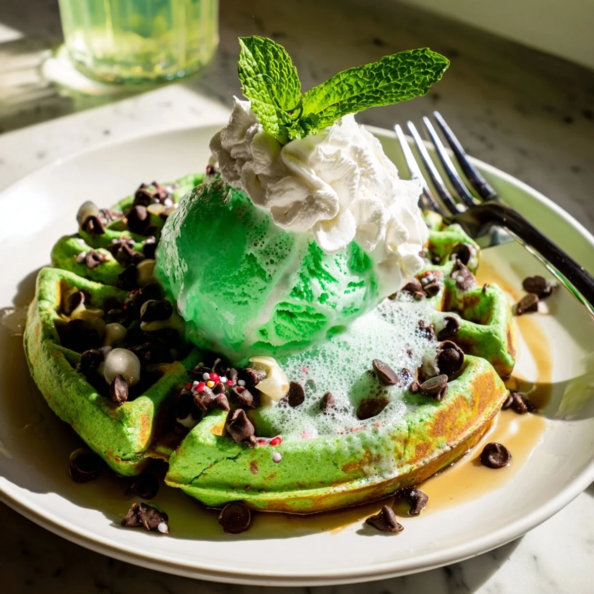 Colorful waffles with mint ice cream and soda, creating a whimsical dessert treat.  